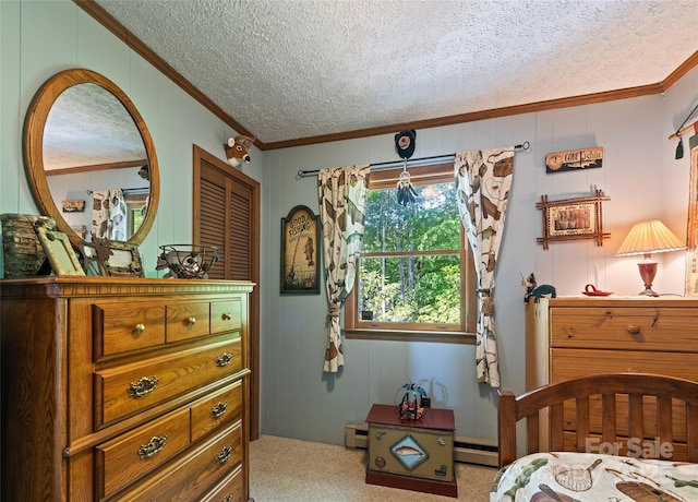 724 Pless Underwood Rd, Maggie Valley, NC 28751 - bedroom with crown molding, carpet floors, a baseboard radiator, and a textured ceiling