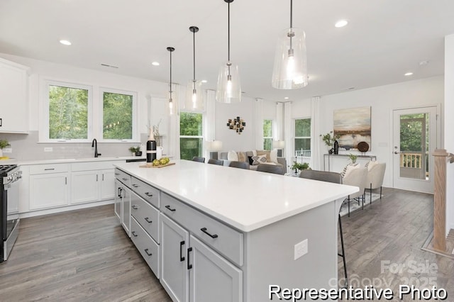 24578 Blue Heron Cir Unit 407, Lancaster, SC 29720 - kitchen with a center island, light countertops, open floor plan, light wood finished floors, and white cabinets