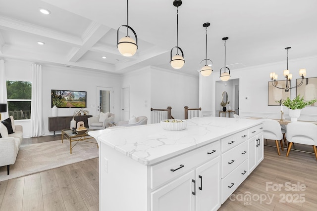 24578 Blue Heron Cir Unit 407, Lancaster, SC 29720 - kitchen with open floor plan, coffered ceiling, beam ceiling, crown molding, and a kitchen island