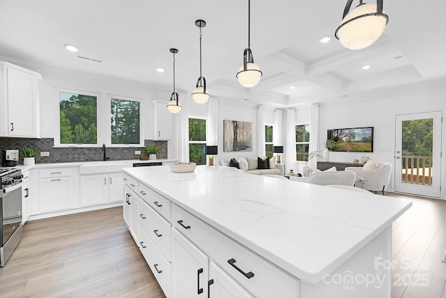 24578 Blue Heron Cir Unit 407, Lancaster, SC 29720 - kitchen with healthy amount of natural light, decorative backsplash, a kitchen island, light wood-style floors, and beam ceiling