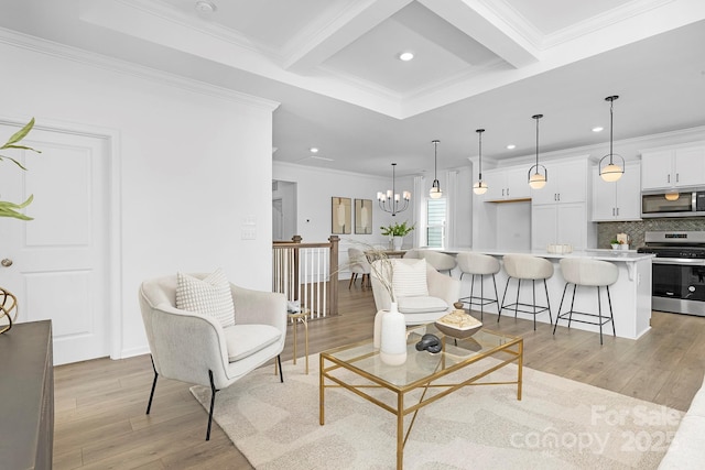 24578 Blue Heron Cir Unit 407, Lancaster, SC 29720 - living area featuring recessed lighting, light wood-style flooring, ornamental molding, beam ceiling, and coffered ceiling