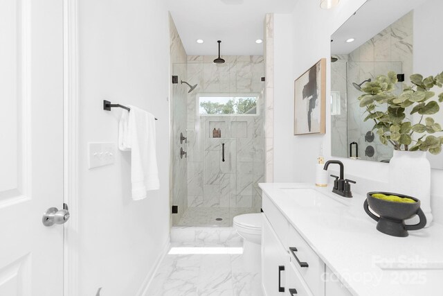 24578 Blue Heron Cir Unit 407, Lancaster, SC 29720 - full bath with vanity, a marble finish shower, marble finish flooring, and recessed lighting