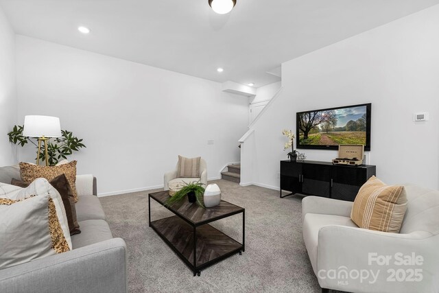24578 Blue Heron Cir Unit 407, Lancaster, SC 29720 - living room featuring stairs, carpet floors, and recessed lighting