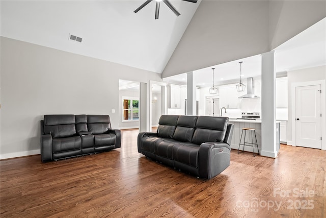 1004 E Sandy Ridge Rd, Monroe, NC 28112 - living room featuring a ceiling fan, high vaulted ceiling, and wood finished floors
