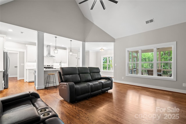 1004 E Sandy Ridge Rd, Monroe, NC 28112 - living area with a ceiling fan, high vaulted ceiling, light wood-style flooring, and recessed lighting