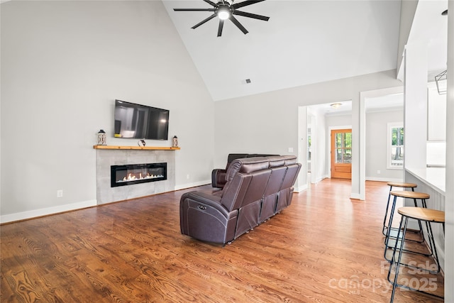 1004 E Sandy Ridge Rd, Monroe, NC 28112 - living area with a ceiling fan, high vaulted ceiling, a fireplace, and light wood-style floors