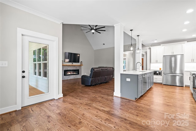 1004 E Sandy Ridge Rd, Monroe, NC 28112 - kitchen with stainless steel appliances, a glass covered fireplace, light countertops, a ceiling fan, and light wood-type flooring