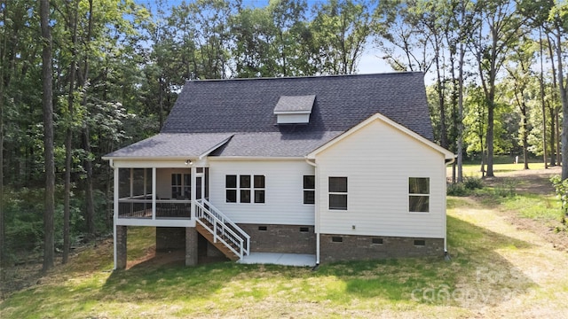 1004 E Sandy Ridge Rd, Monroe, NC 28112 - rear view of property with crawl space, a sunroom, a shingled roof, a yard, and stairs