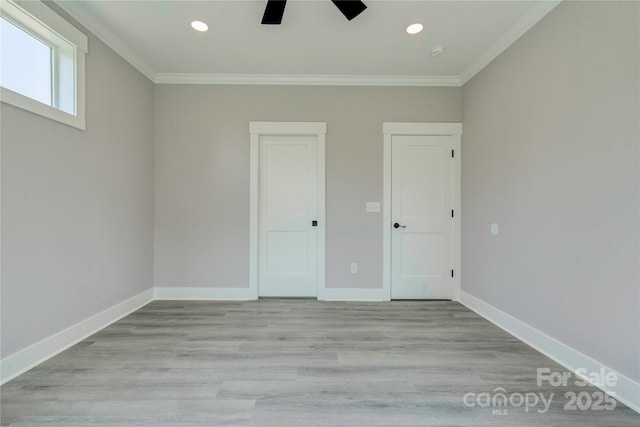 102 Starmount Dr, Kings Mountain, NC 28086 - unfurnished bedroom featuring ornamental molding, baseboards, recessed lighting, light wood finished floors, and ceiling fan