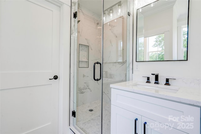 102 Starmount Dr, Kings Mountain, NC 28086 - full bath featuring a marble finish shower, vanity, and crown molding