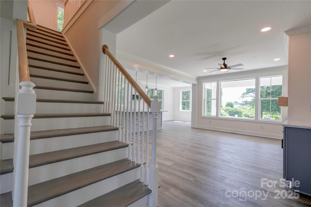 102 Starmount Dr, Kings Mountain, NC 28086 - staircase with a ceiling fan, healthy amount of natural light, wood finished floors, baseboards, and recessed lighting
