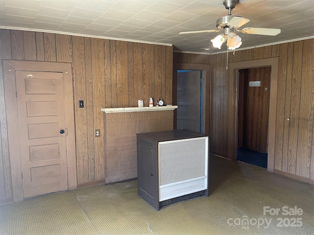 408 Moose St, Albemarle, NC 28001 - kitchen with wooden walls, baseboards, and ceiling fan