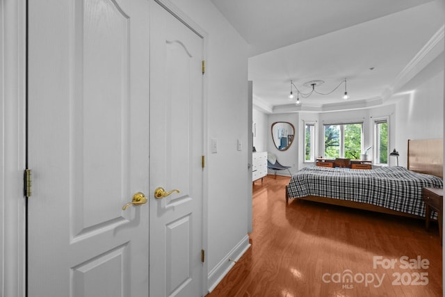 415 N Church St Unit 311, Charlotte, NC 28202 - bedroom with crown molding, wood finished floors, and rail lighting