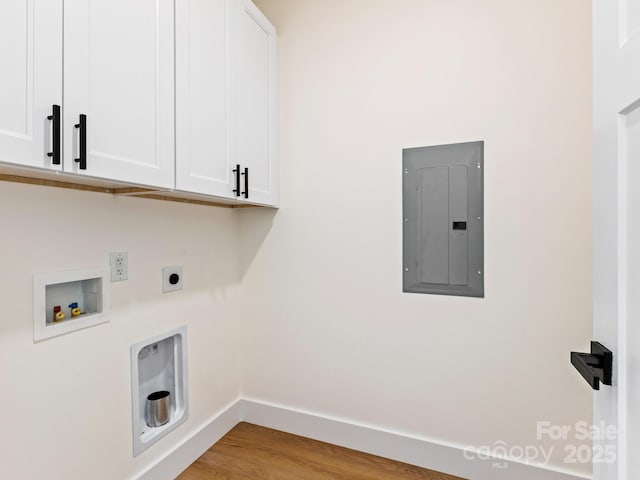 169 Vineyard Village Dr S Unit 4, Old Fort, NC 28762 - laundry area featuring electric panel, cabinet space, hookup for a washing machine, wood finished floors, and electric dryer hookup