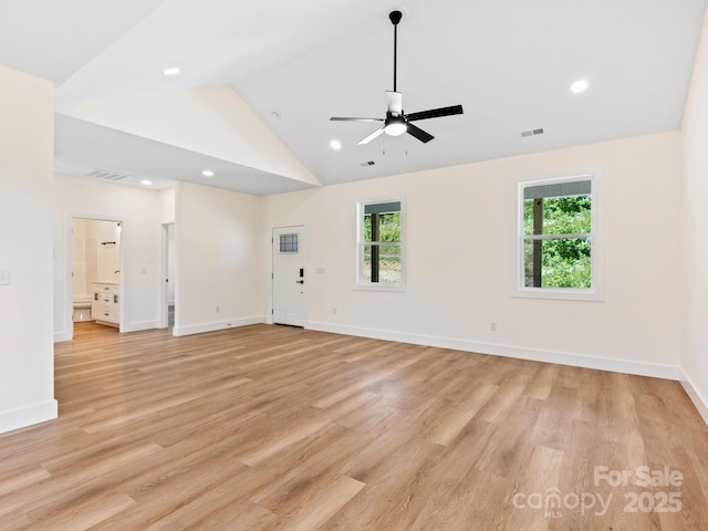 169 Vineyard Village Dr S Unit 4, Old Fort, NC 28762 - unfurnished living room with plenty of natural light, a ceiling fan, light wood-style floors, recessed lighting, and high vaulted ceiling