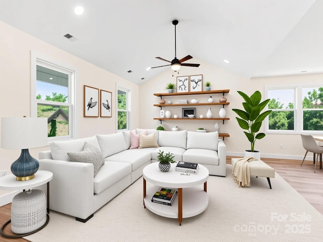 169 Vineyard Village Dr S Unit 4, Old Fort, NC 28762 - living area featuring light wood finished floors, lofted ceiling, a ceiling fan, and recessed lighting