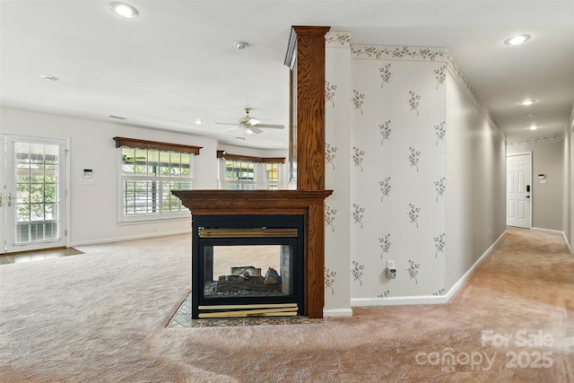 441 Wildlife Club Ln, Taylorsville, NC 28681 - unfurnished living room with carpet flooring, baseboards, recessed lighting, and a multi sided fireplace