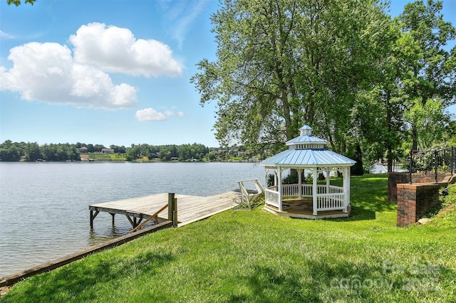 441 Wildlife Club Ln, Taylorsville, NC 28681 - dock with a gazebo, a lawn, and a water view