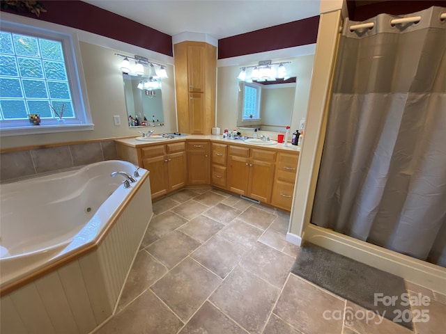 5570 George Henry Dr, Hickory, NC 28602 - full bathroom with stone tile floors, a whirlpool tub, double vanity, and healthy amount of natural light