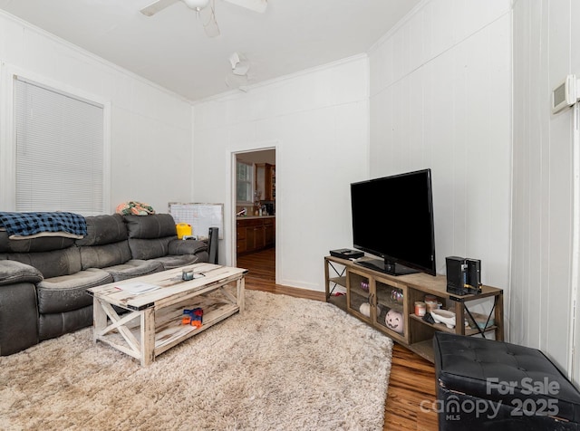 816 Fulton St, Albemarle, NC 28001 - living area with ornamental molding, wood finished floors, and a ceiling fan
