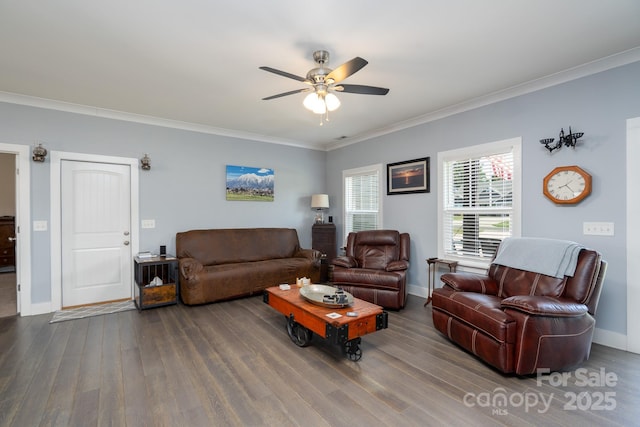 17438 Purser Dr, Locust, NC 28097 - living room featuring ornamental molding, wood finished floors, and ceiling fan