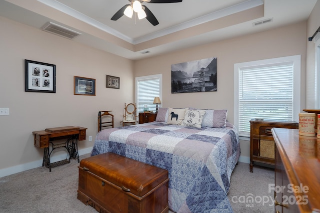 17438 Purser Dr, Locust, NC 28097 - bedroom with light colored carpet, a raised ceiling, crown molding, and a ceiling fan