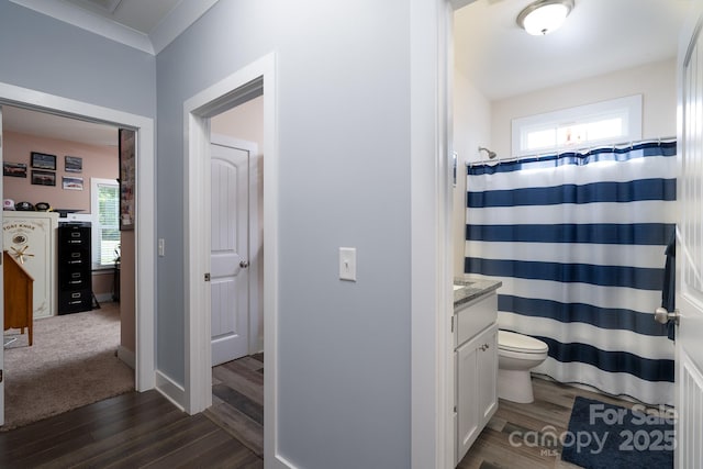 17438 Purser Dr, Locust, NC 28097 - full bathroom with healthy amount of natural light, vanity, and wood finished floors