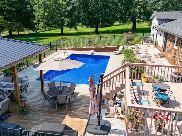 3509 Flint Dr, Statesville, NC 28677 - view of swimming pool with a wooden deck, outdoor dining space, and stairway
