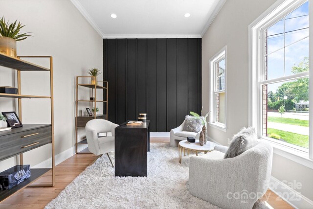 4015 Randolph Rd, Charlotte, NC 28211 - living area featuring crown molding, wood finished floors, recessed lighting, and an office area