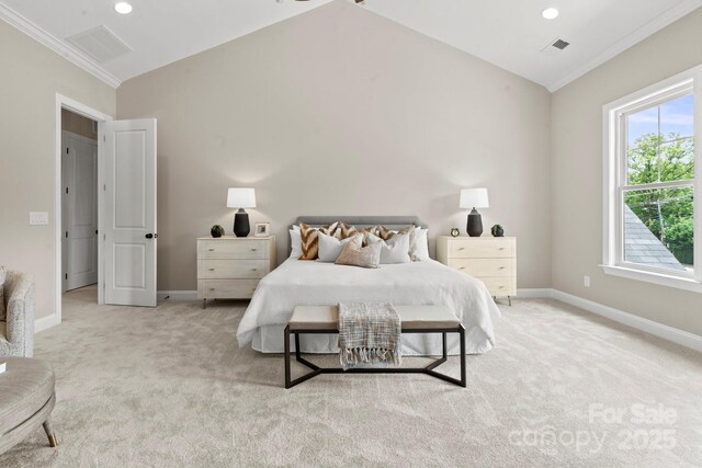 4015 Randolph Rd, Charlotte, NC 28211 - bedroom featuring lofted ceiling, light carpet, crown molding, and recessed lighting