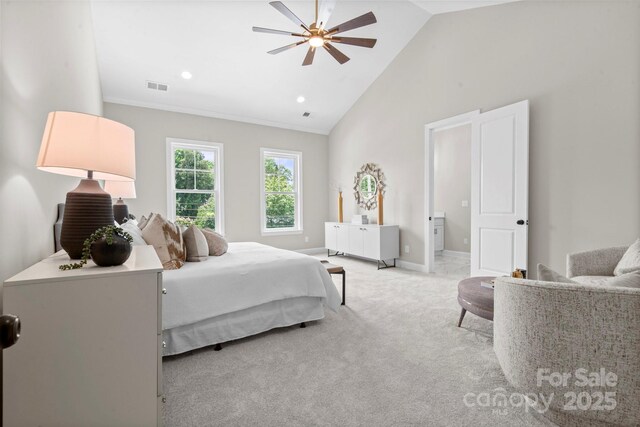 4015 Randolph Rd, Charlotte, NC 28211 - carpeted bedroom with high vaulted ceiling, recessed lighting, a ceiling fan, and crown molding