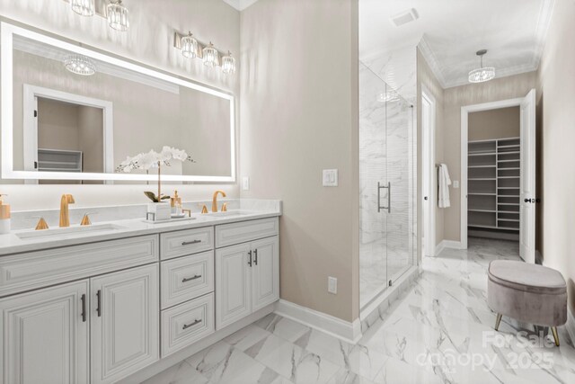 4015 Randolph Rd, Charlotte, NC 28211 - full bath with marble finish floors, a stall shower, double vanity, a spacious closet, and crown molding
