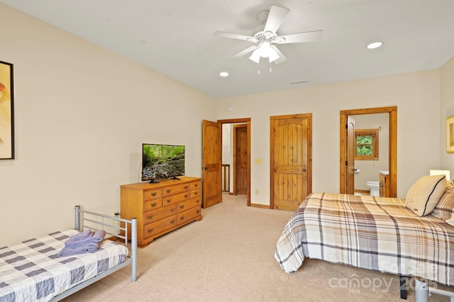 40 Ollis Ridge Ln, Elk Park, NC 28622 - bedroom featuring light colored carpet, recessed lighting, ensuite bath, and a ceiling fan