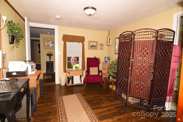 19 Mingus St, Canton, NC 28716 - living area featuring wood finished floors, a textured ceiling, and a wood stove
