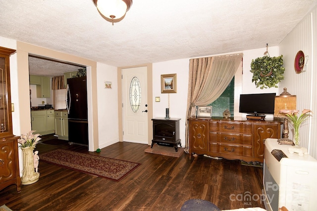 19 Mingus St, Canton, NC 28716 - foyer featuring a textured ceiling, dark wood finished floors, and a wood stove