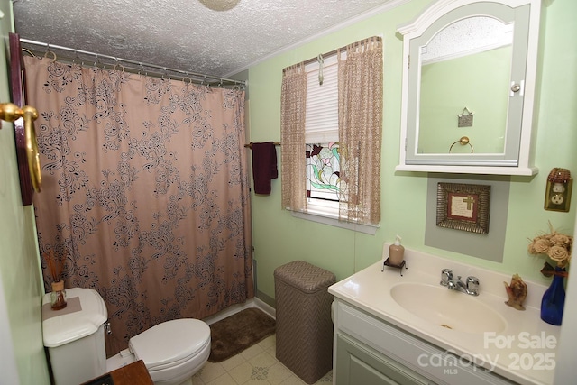19 Mingus St, Canton, NC 28716 - full bath featuring vanity, ornamental molding, a textured ceiling, a shower with shower curtain, and tile patterned floors