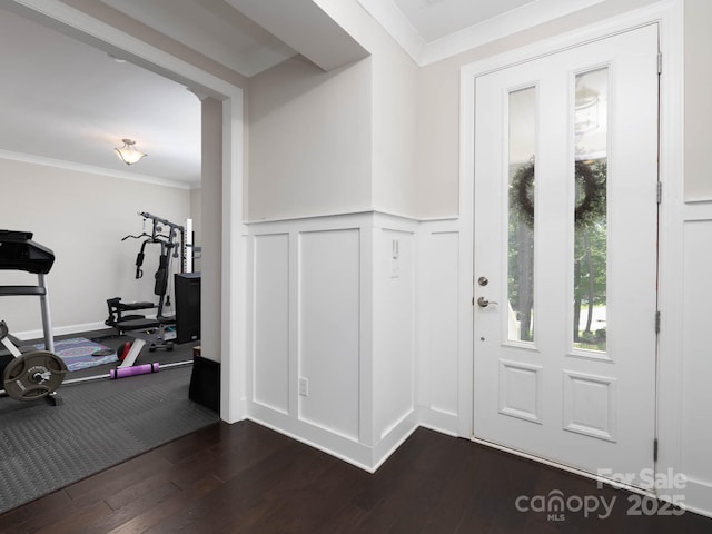 4237 Island Fox Ln, Denver, NC 28037 - entryway with dark wood-style flooring, a wainscoted wall, crown molding, and a decorative wall