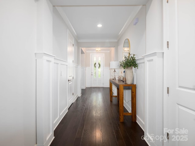 4237 Island Fox Ln, Denver, NC 28037 - corridor with a decorative wall, dark wood-type flooring, a wainscoted wall, and ornamental molding