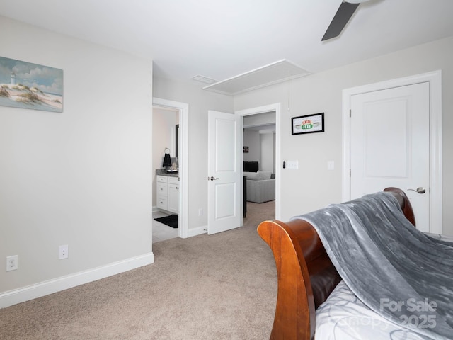 4237 Island Fox Ln, Denver, NC 28037 - bedroom with attic access, light carpet, ceiling fan, and ensuite bath