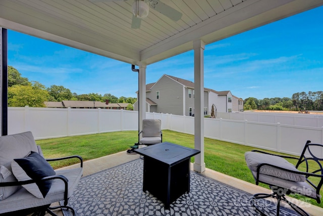 1315 Elizabeth Ave, Kannapolis, NC 28083 - fenced backyard with a ceiling fan, a patio, and a residential view