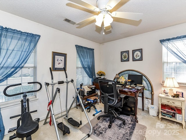 9337 Four Mile Creek Rd Unit 101, Charlotte, NC 28277 - home office with light colored carpet, a ceiling fan, a textured ceiling, and baseboards