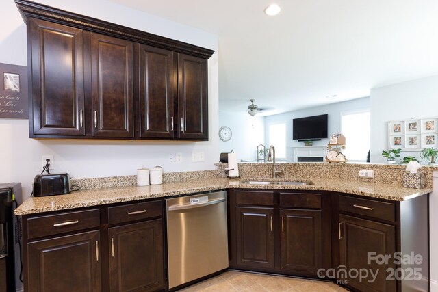 2405 Emma Grace Ln, Rock Hill, SC 29732 - kitchen featuring dishwasher, a peninsula, light stone counters, dark brown cabinets, and a ceiling fan