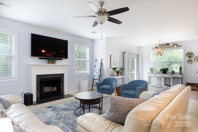 2405 Emma Grace Ln, Rock Hill, SC 29732 - living area with ceiling fan and a high end fireplace