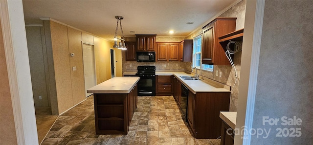 6220 Dekalb Dr, Connelly Springs, NC 28612 - kitchen with black appliances, a sink, open shelves, decorative backsplash, and a kitchen island