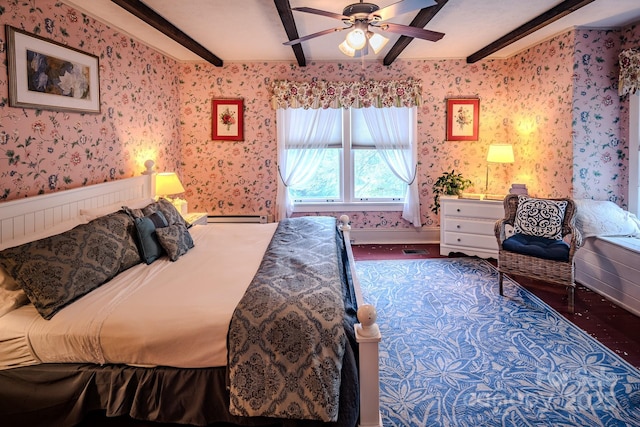 4584 NC Highway 194 S, Banner Elk, NC 28604 - bedroom featuring beam ceiling, wood finished floors, wallpapered walls, baseboard heating, and a ceiling fan