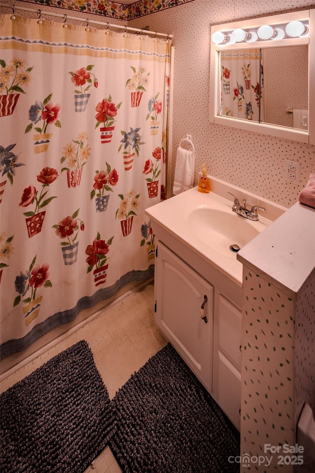 4584 NC Highway 194 S, Banner Elk, NC 28604 - full bath featuring vanity, wallpapered walls, and a shower with shower curtain