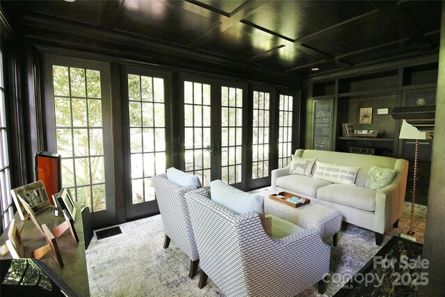 1137 Queens Rd W, Charlotte, NC 28207 - sunroom featuring french doors and coffered ceiling
