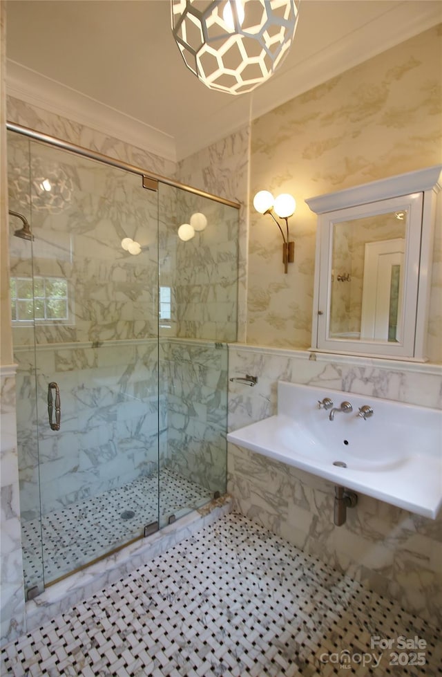 1137 Queens Rd W, Charlotte, NC 28207 - full bathroom featuring ornamental molding, a stall shower, and wallpapered walls