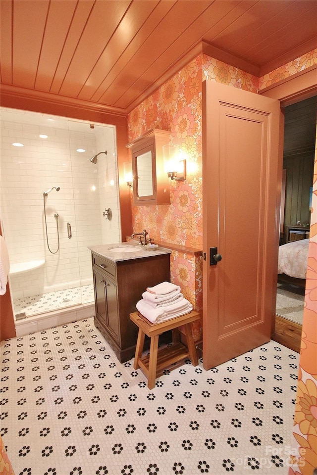 1137 Queens Rd W, Charlotte, NC 28207 - ensuite bathroom featuring wallpapered walls, a shower stall, vanity, and wood ceiling