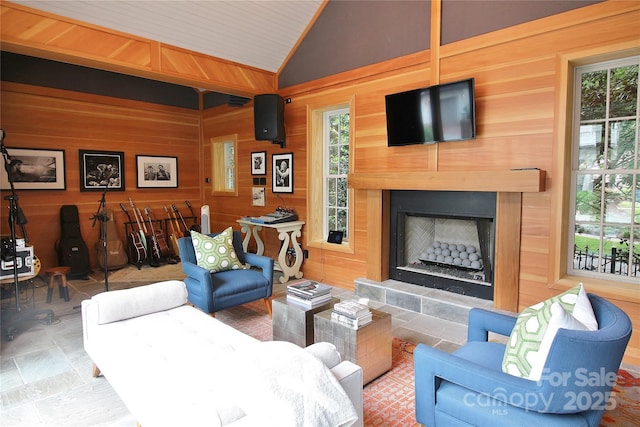 1137 Queens Rd W, Charlotte, NC 28207 - living room with vaulted ceiling, a fireplace with raised hearth, and wooden walls